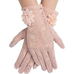 Women's Floral Pink Short Lace Gloves Wedding Halloween Cosplay Party Prom